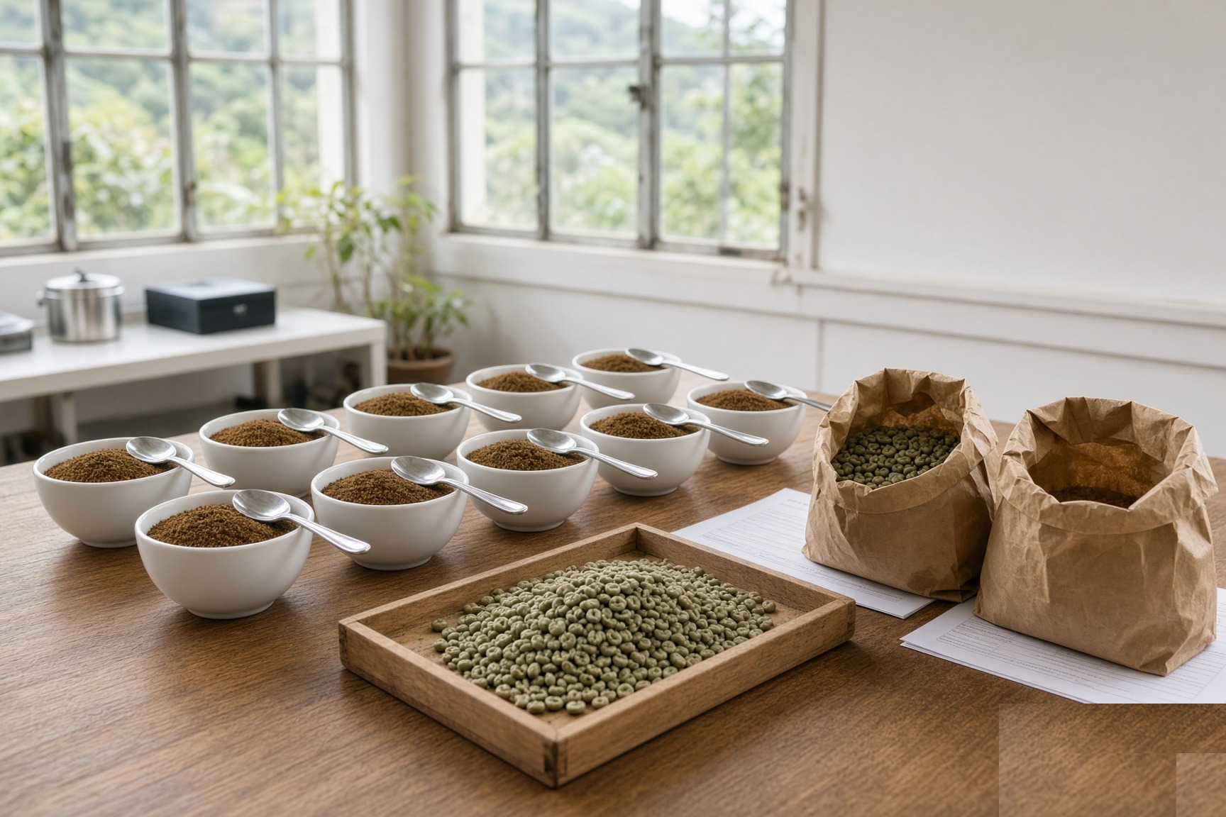 Cupping bowls, spoons, and green coffee from the same lot on the mill laboratory table.