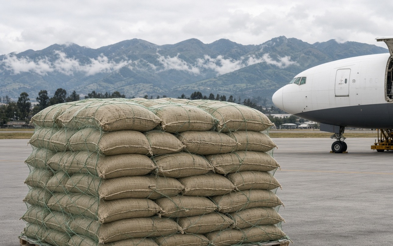 Palletized green coffee on the tarmac beside a cargo aircraft in Bogotá.