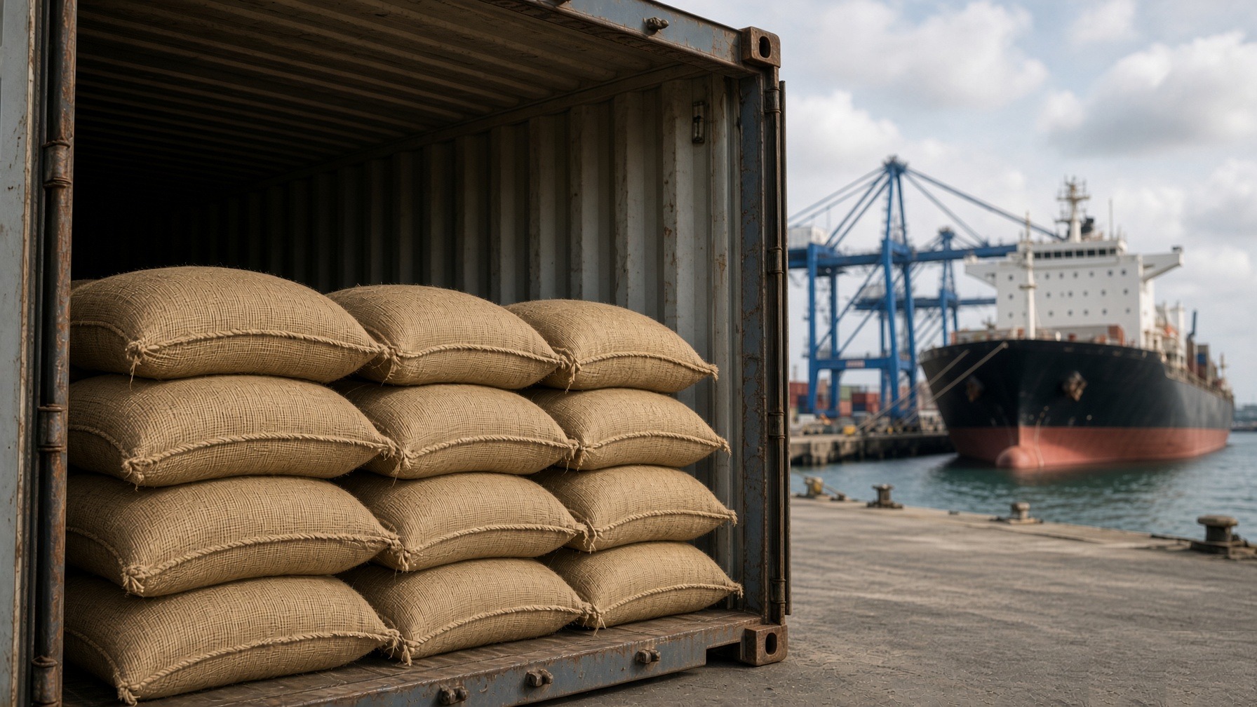 Green-coffee sacks loaded into a shipping container at a Colombian port.